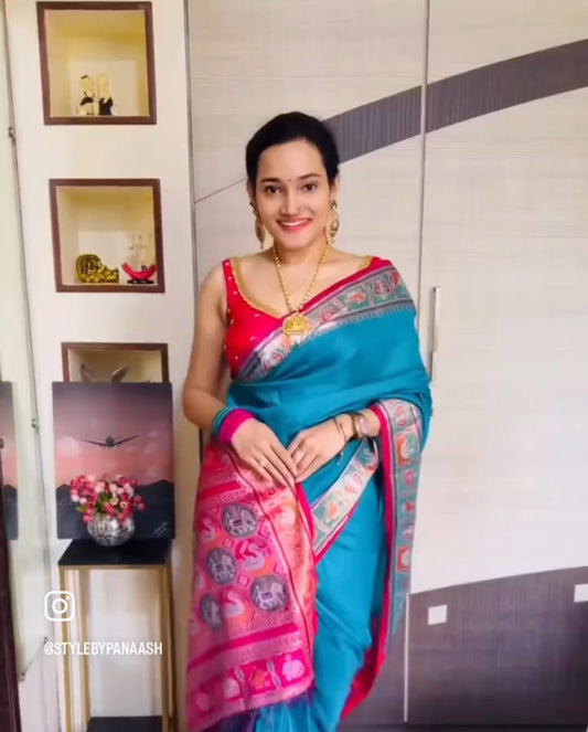 Blue Soft Patola Silk Readymade/Easy Saree