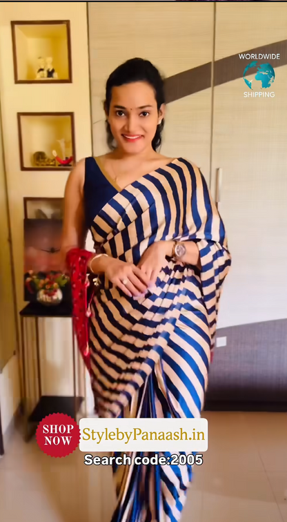 Blue Stripe Readymade Crepe Silk Saree
