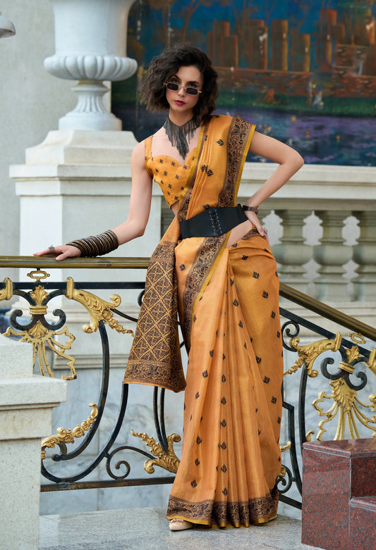 Orange Linen Tissue Readymade/Easy Saree