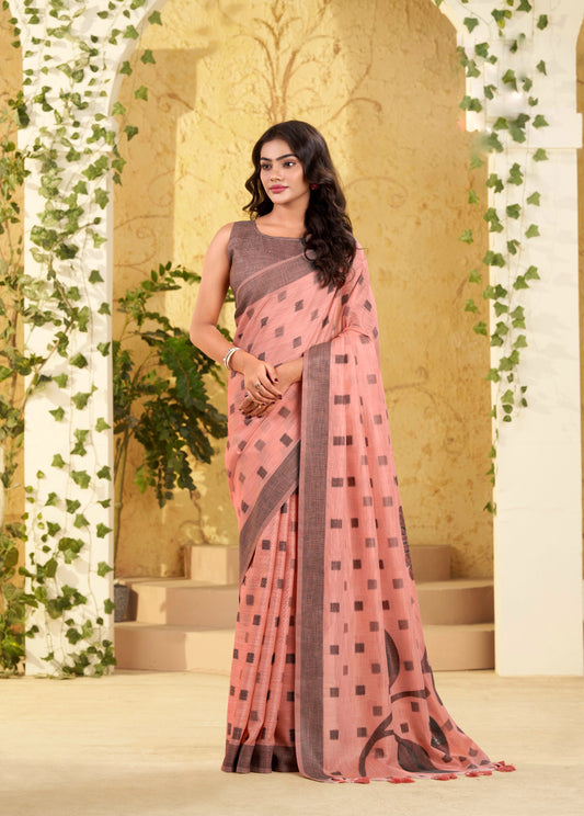 Peach Checks Linen Office Wear Easy/Readymade Saree