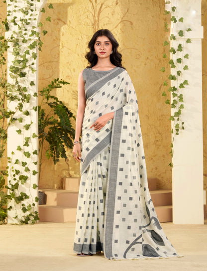 White Checks Linen Office Wear Easy/Readymade Saree