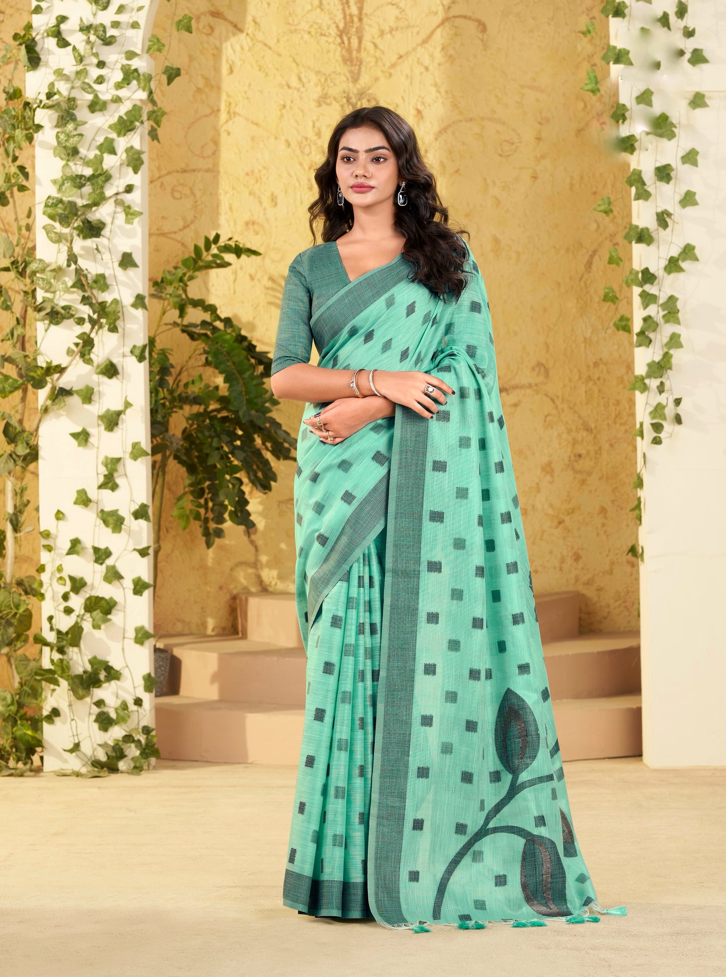 Aqua green Checks Linen Office Wear Easy/Readymade Saree