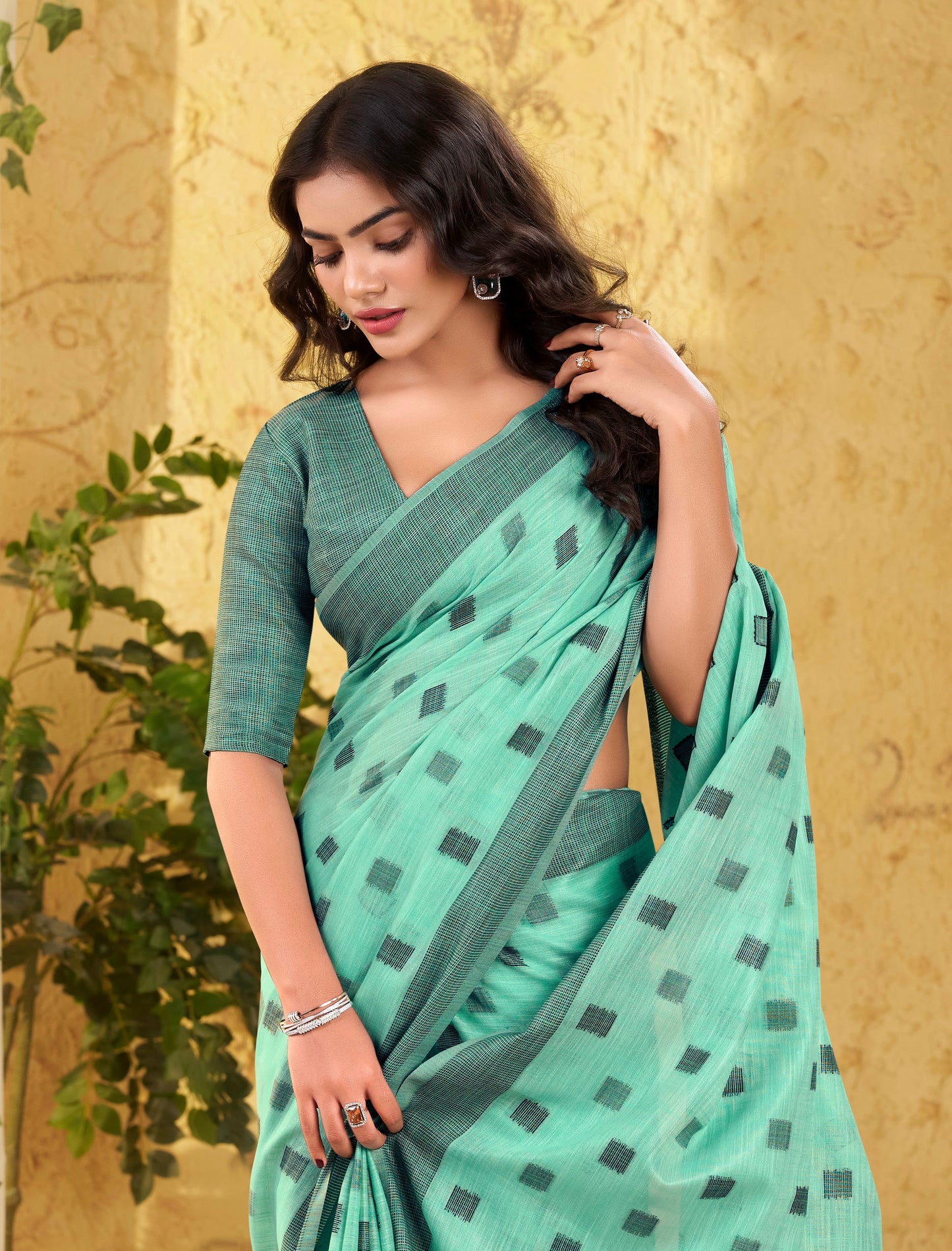 Aqua green Checks Linen Office Wear Easy/Readymade Saree