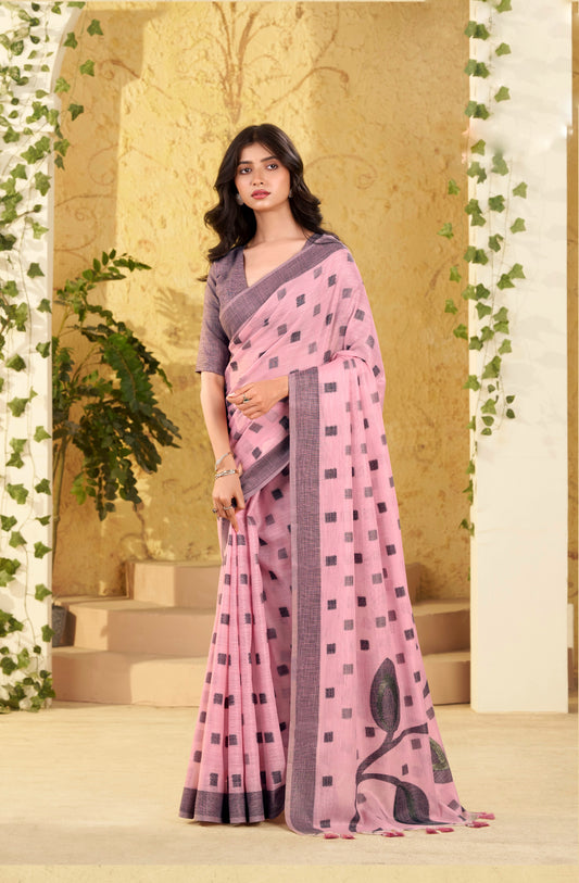 Pink Checks Linen Office Wear Easy/Readymade Saree
