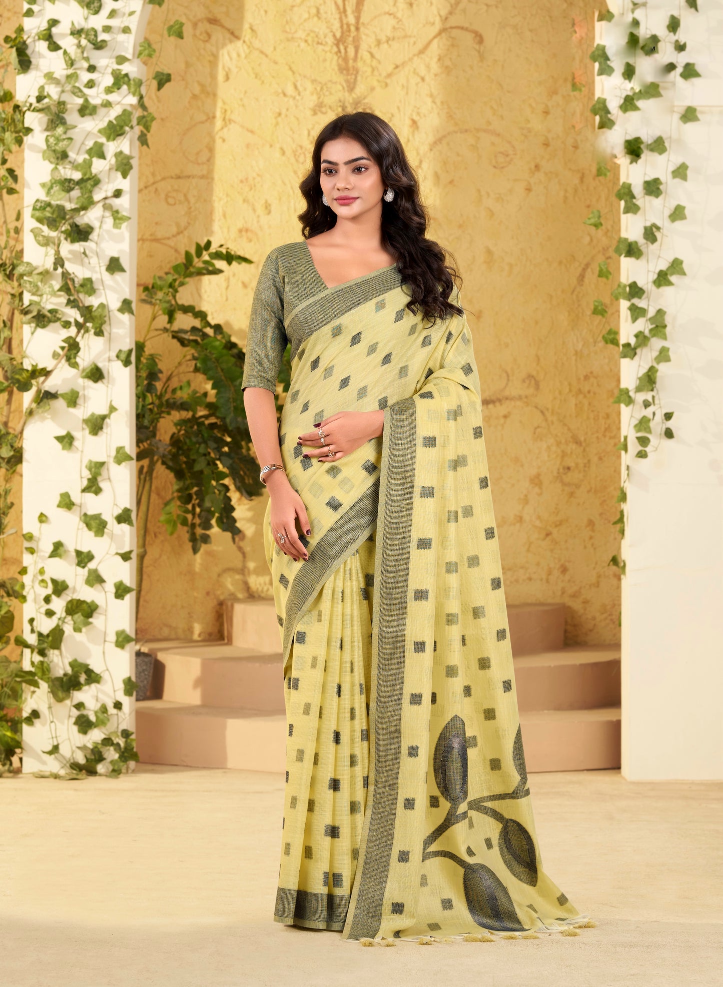 Pista Beige Checks Linen Office Wear Easy/Readymade Saree