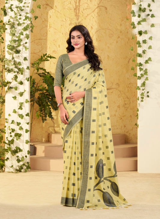 Pista Beige Checks Linen Office Wear Easy/Readymade Saree