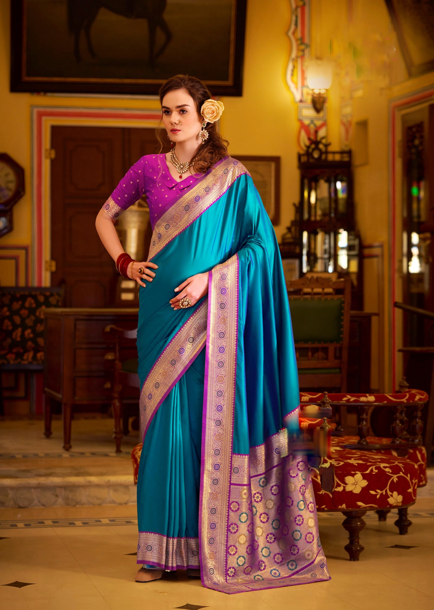 Blue  Tone Soft Silk Readymade/Easy Saree