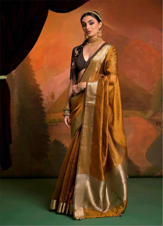 Mustard Raw Silk Readymade Saree With Customised Designer Blouse