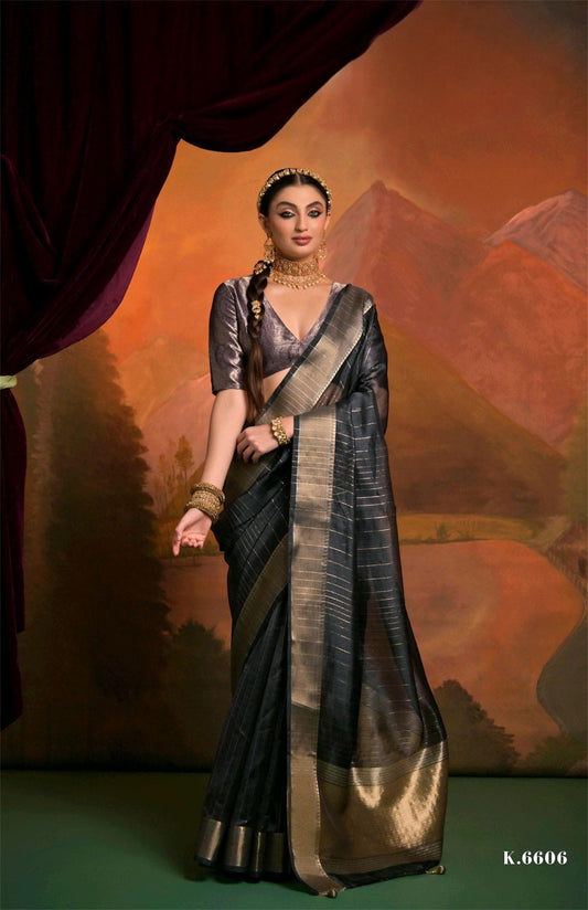 Grey Raw Silk Readymade Saree With Customised Designer Blouse