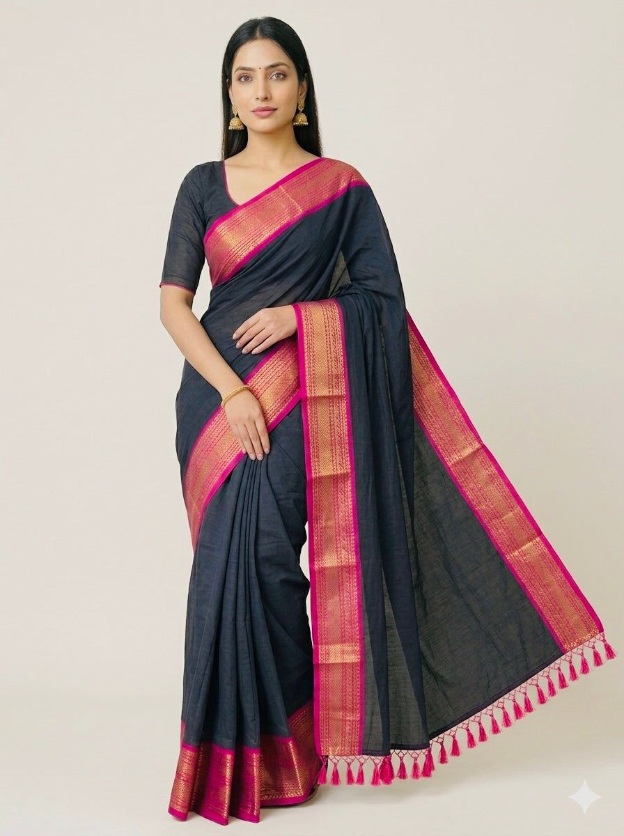 Black Mul Cotton Ready To Wear/Easy Saree - Panaash Saree