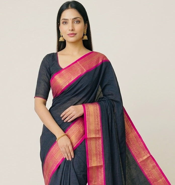 Black Mul Cotton Ready To Wear/Easy Saree - Panaash Saree