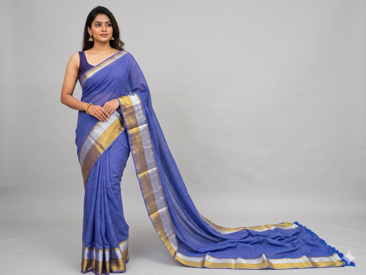 Powder Blue Cotton Ready To Wear/Easy Saree - Panaash Saree