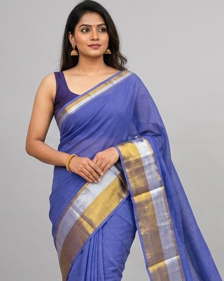 Powder Blue Cotton Ready To Wear/Easy Saree - Panaash Saree