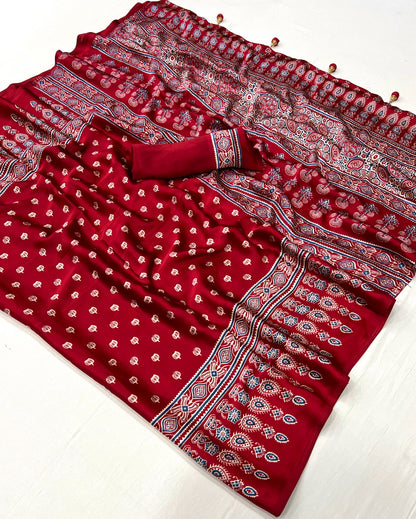 Red Readymade Crepe Silk Saree