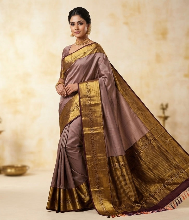 Dusty Mauve Handmade Kanchipuram Pure Silk Custom Sized Ready To Wear Saree - Panaash Saree