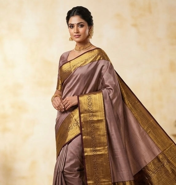 Dusty Mauve Handmade Kanchipuram Pure Silk Custom Sized Ready To Wear Saree - Panaash Saree