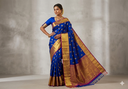 Dark Blue Handmade Kanchipuram Pure Silk Custom Sized Ready To Wear Saree