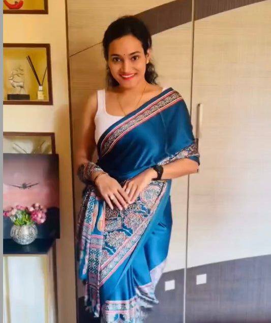 Blue Crepe Silk Office Wear Readymade/Easy Saree