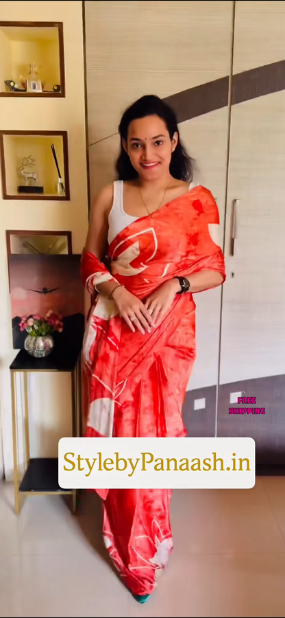 Red & White Crepe Silk Ready To Wear/Easy Saree