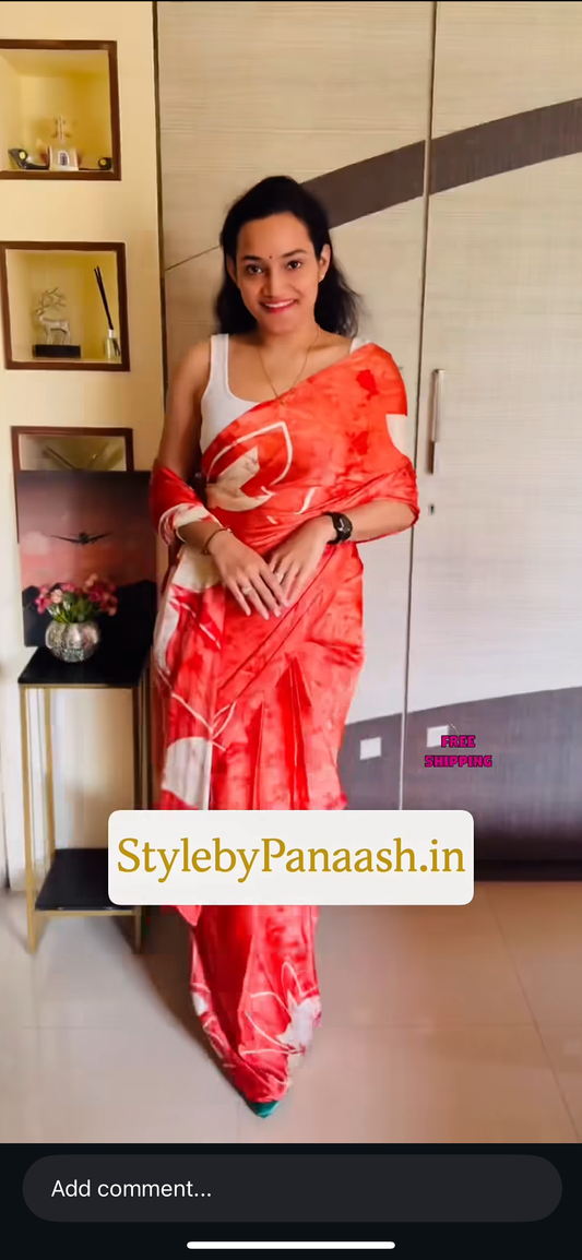 Red & White Crepe Silk Readymade/Easy Saree
