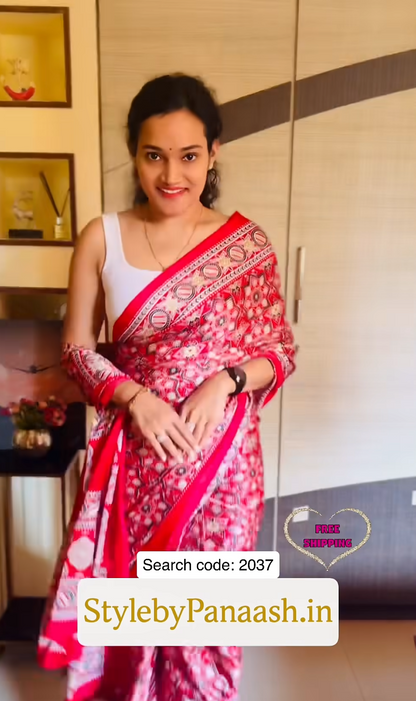 Red Crepe Calm – Readymade Ajrakh Saree - Panaash Saree