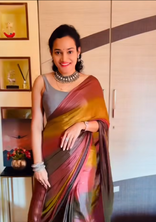 Wine Mustard Multicolor Georgette Readymade/Easy Saree