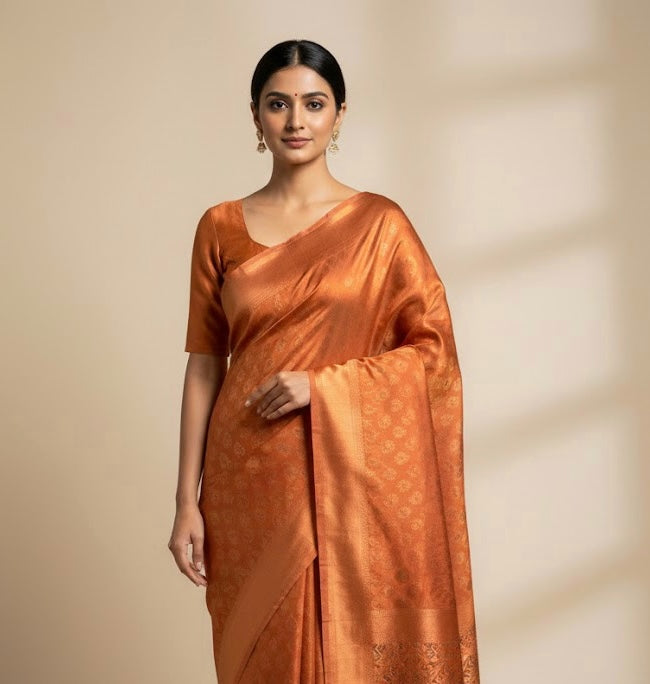 Burnt Orange Soft Silk Readymade/Easy Saree