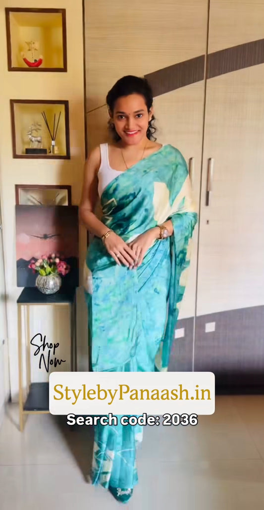 Green & White Crepe Silk Ready To Wear/Easy Saree
