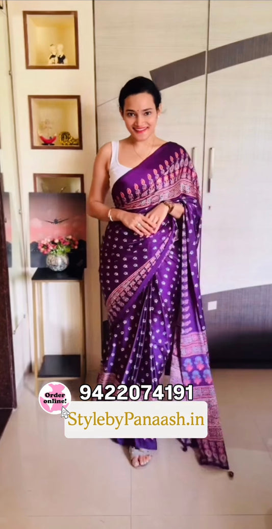 Purple Readymade Crepe Silk Saree