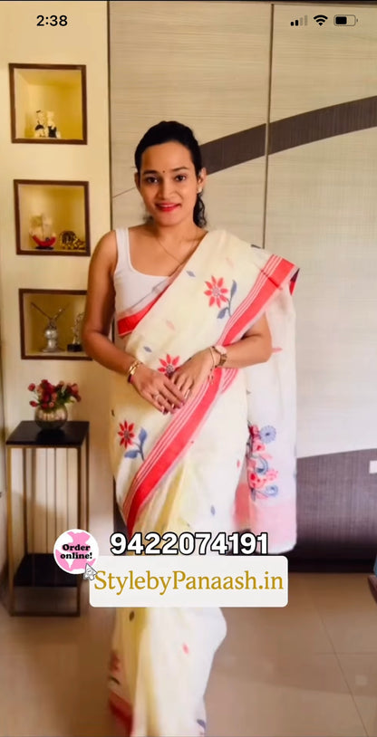 Off White Resham Woven Cotton Office Wear Easy/Readymade Saree - Panaash Saree