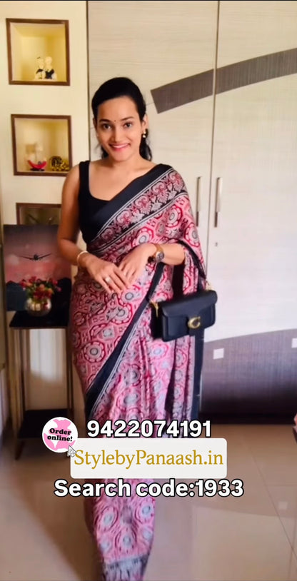 Black Crepe Calm – Readymade Ajrakh Saree - Panaash Saree