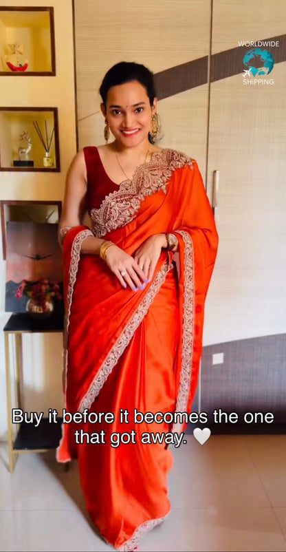 Burnt Orange Cocktail Party Wear Readymade Saree - Panaash Saree