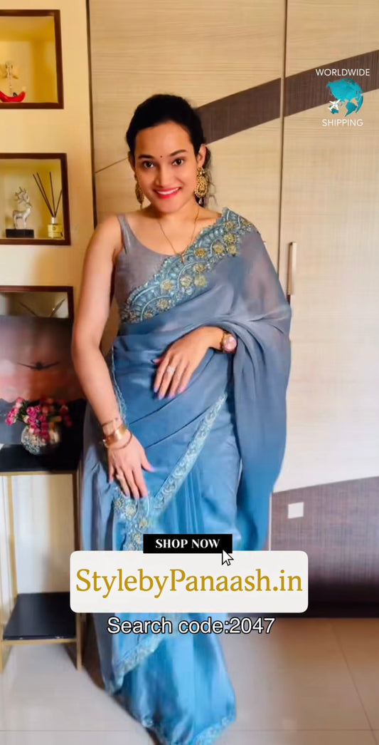 Teal Blue Cocktail Party Wear Readymade Saree - Panaash Saree