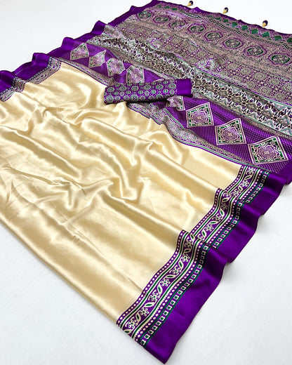 Cream and Purple Crepe Silk Readymade/Easy Saree