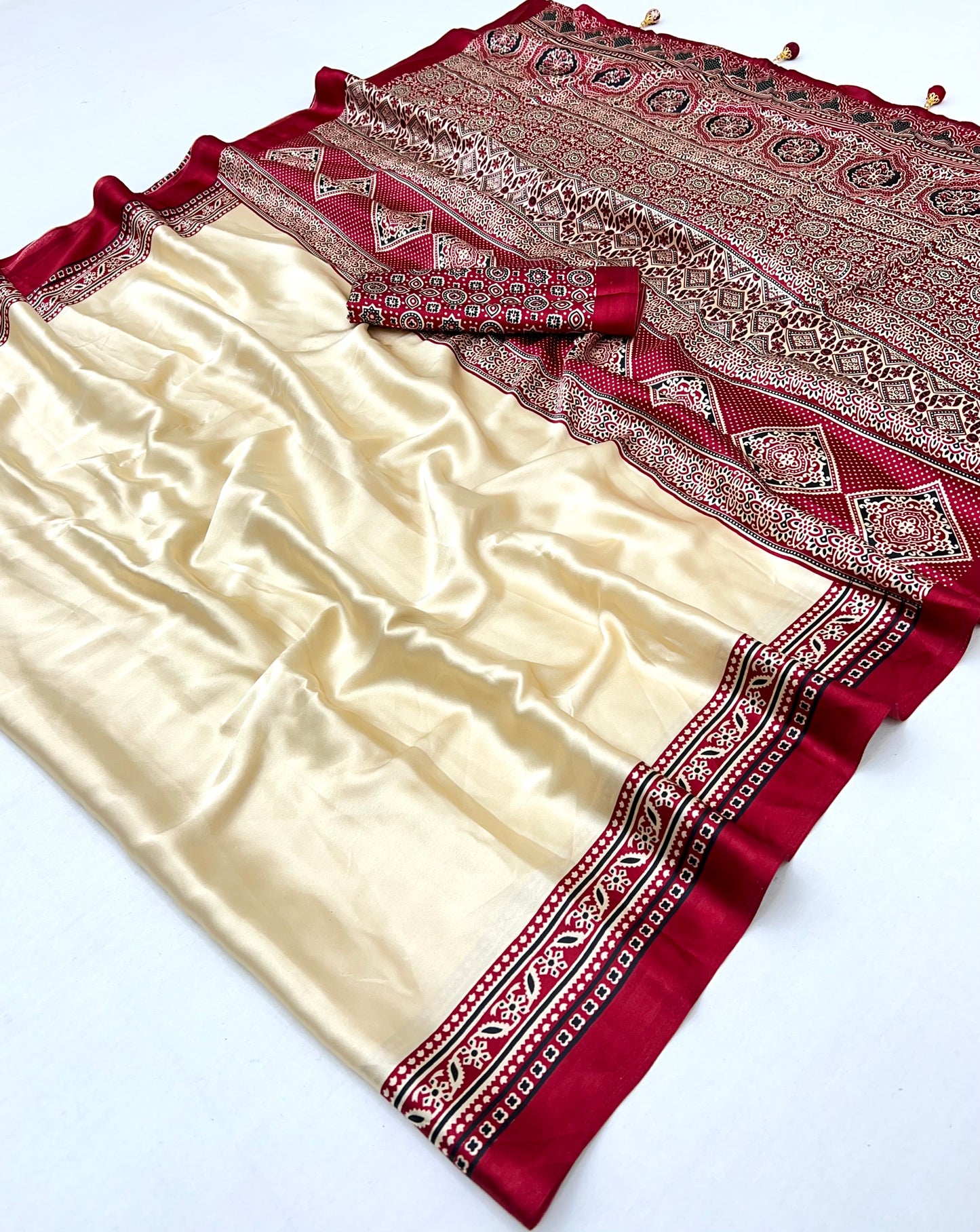 Cream and Red Crepe Silk Readymade/Easy Saree