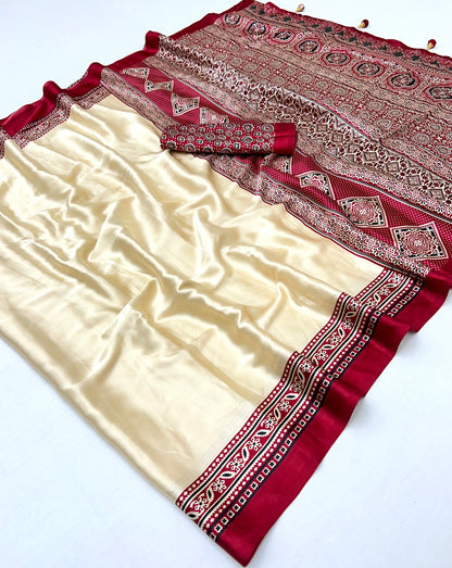 Cream and Red Crepe Silk Readymade/Easy Saree