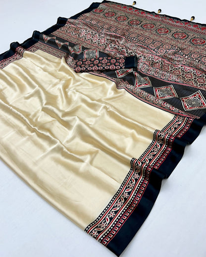 Cream and Black Crepe Silk Readymade/Easy Saree