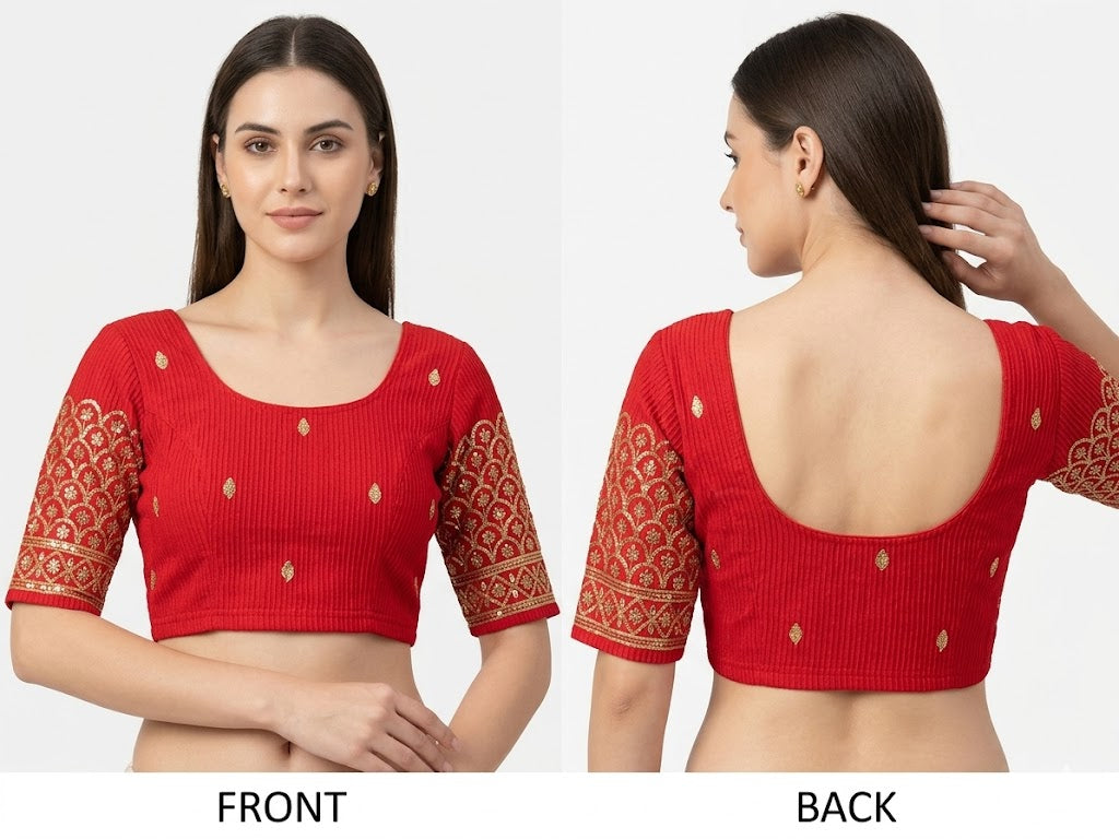 Red Brocade Sleeve Stretchable Blouse - Panaash Saree