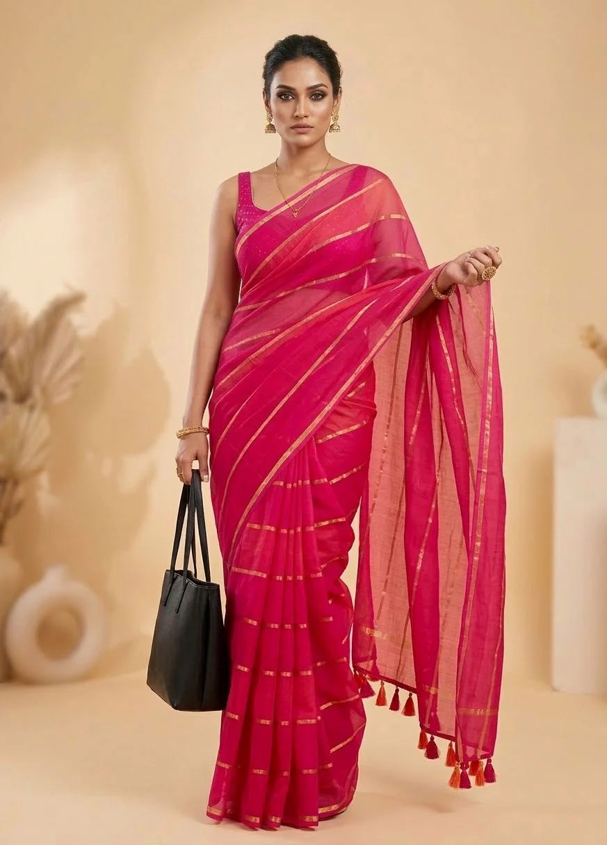 Bright Pink Mul Cotton Ready To Wear/Easy Saree - Panaash Saree