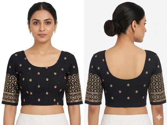 Black Brocade Sleeve Stretchable Blouse - Panaash Saree