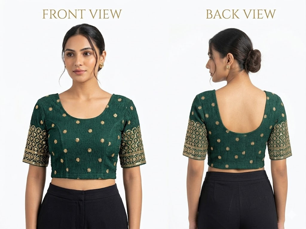 Green Brocade Sleeve Stretchable Blouse - Panaash Saree