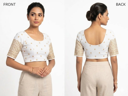 White Brocade Sleeve Stretchable Blouse - Panaash Saree