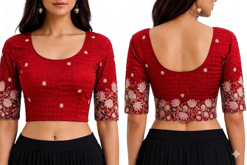 Red Floral Embroidered Stretchable Blouse - Panaash Saree