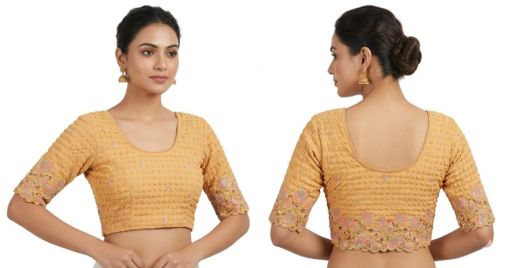Cream Floral Embroidered Stretchable Blouse - Panaash Saree