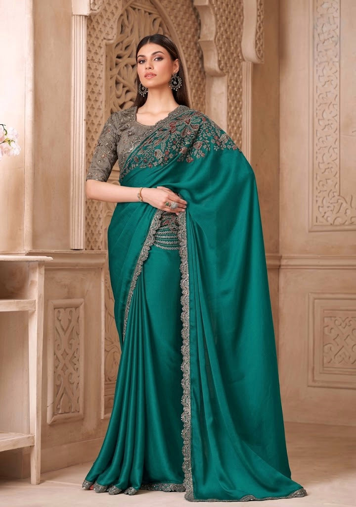 Emerald Green Cocktail Party Wear Readymade Saree - Panaash Saree