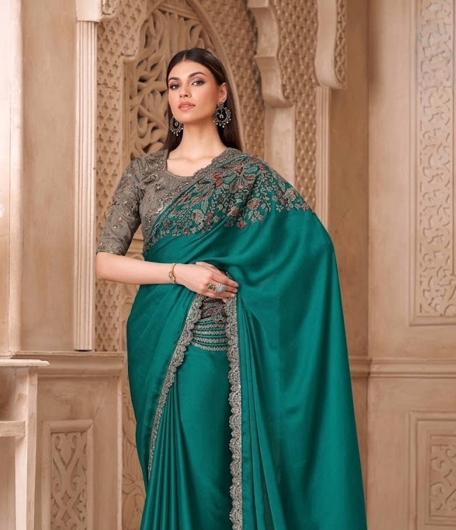 Emerald Green Cocktail Party Wear Readymade Saree - Panaash Saree