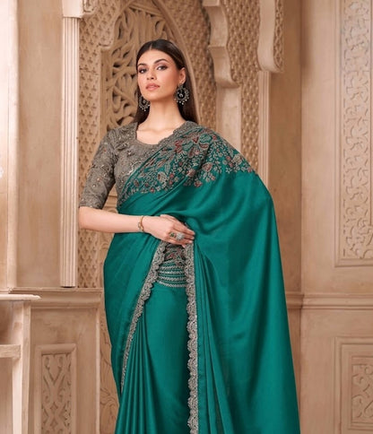 Emerald Green Cocktail Party Wear Readymade Saree - Panaash Saree