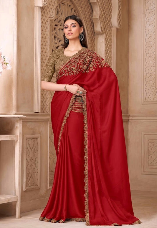 Red Cocktail Party Wear Readymade Saree