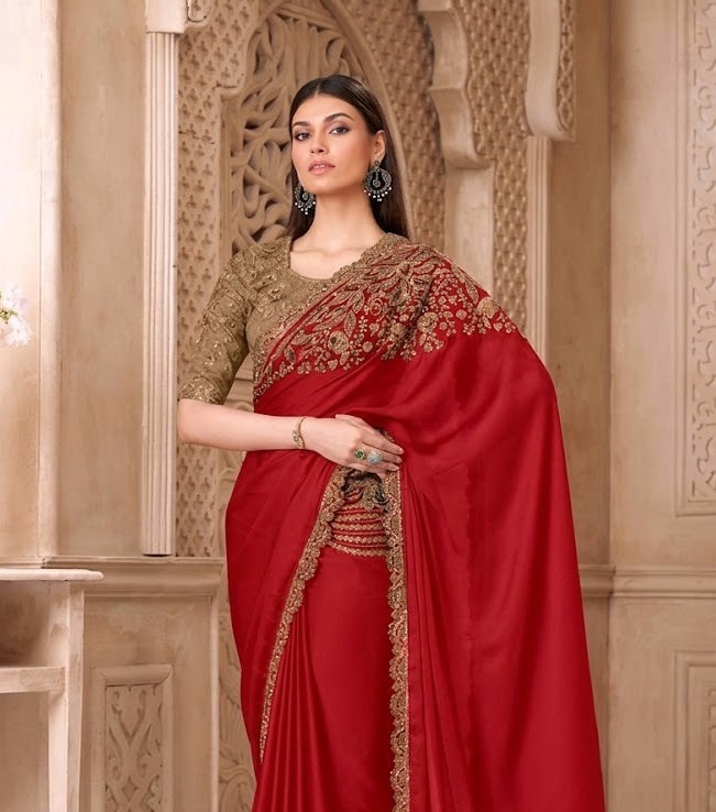 Red Cocktail Party Wear Readymade Saree