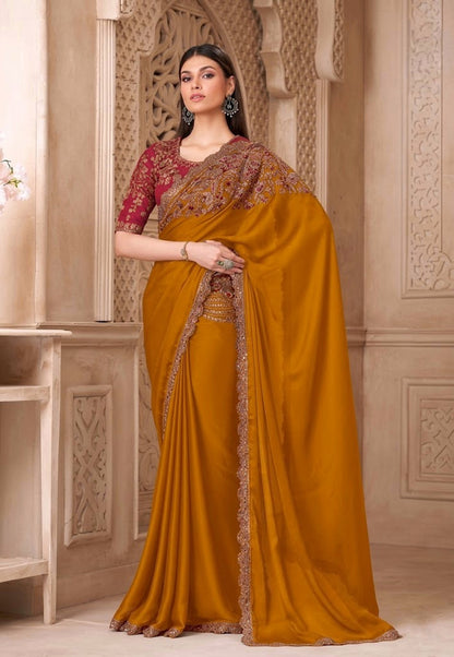 Mustard Gold Cocktail Party Wear Readymade Saree